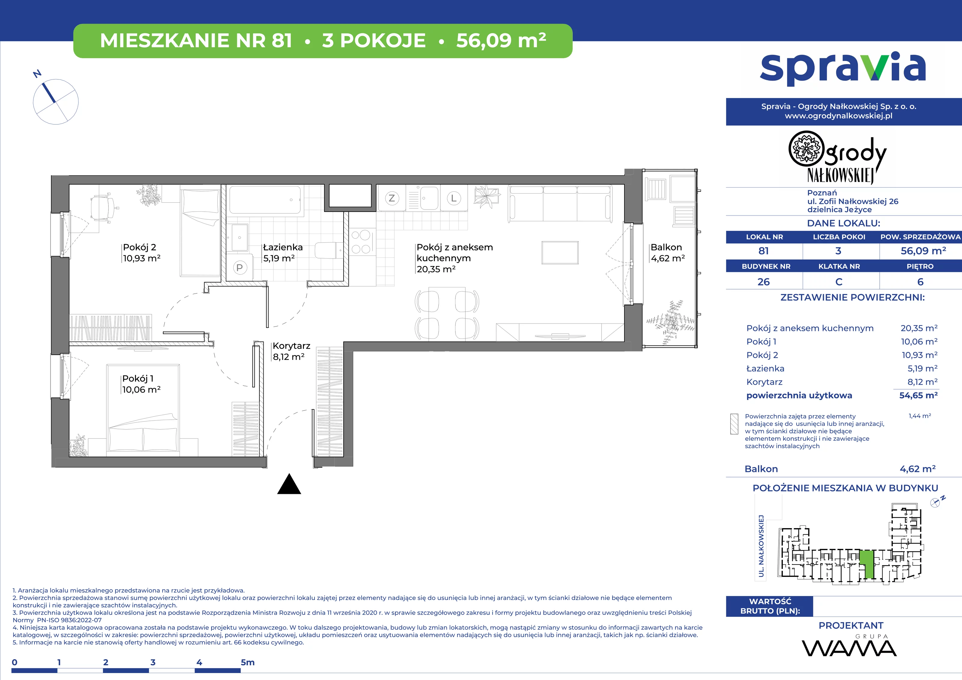 3 pokoje, mieszkanie 56,09 m², piętro 6, oferta nr 26-81, Ogrody Nałkowskiej, Poznań, Ogrody, ul. Nałkowskiej 24, 26